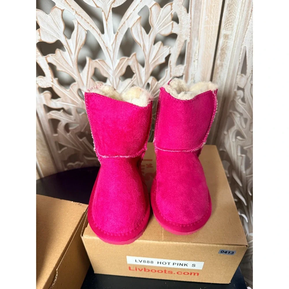 Livboots Kids LV888 Faux Suede Fur Lined Winter Boots Gray Hot Pink Size S NEW